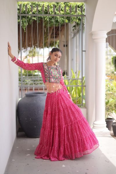 Alluring Pink Bandhani Print Lehenga Choli with Designer Square Neck For Dandiya Navratri Lehnega Choli