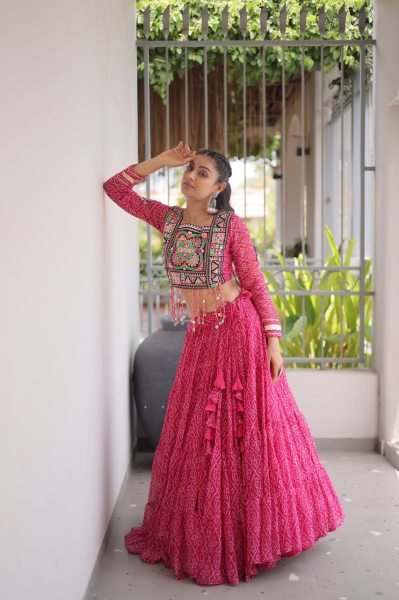 Alluring Pink Bandhani Print Lehenga Choli with Designer Square Neck For Dandiya Navratri Lehnega Choli