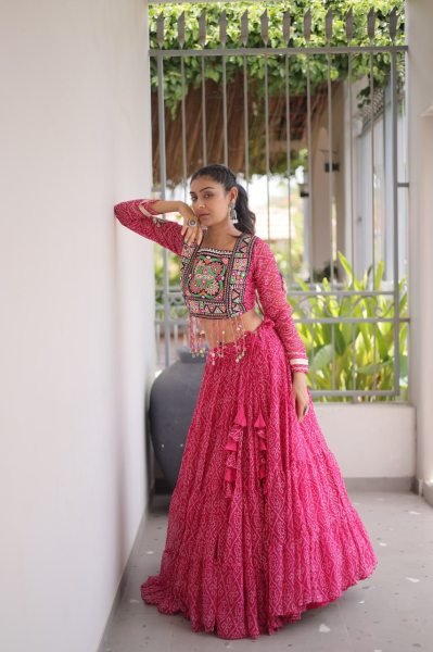Alluring Pink Bandhani Print Lehenga Choli with Designer Square Neck For Dandiya Navratri Lehnega Choli