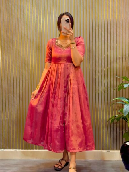 Alluring Pink Boutique Quality Kota Tissue Silk Gown with Heavy Hand Embroidery Kurtis