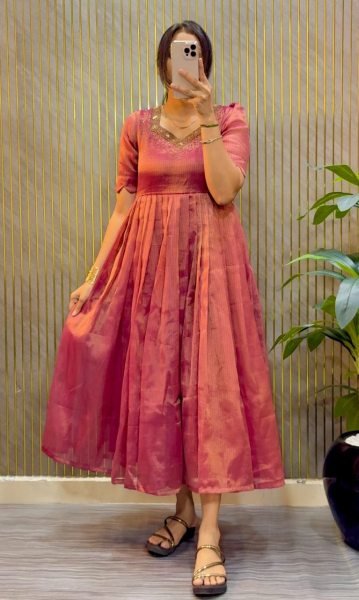 Alluring Pink Boutique Quality Kota Tissue Silk Gown with Heavy Hand Embroidery Anarkali Kurtis 