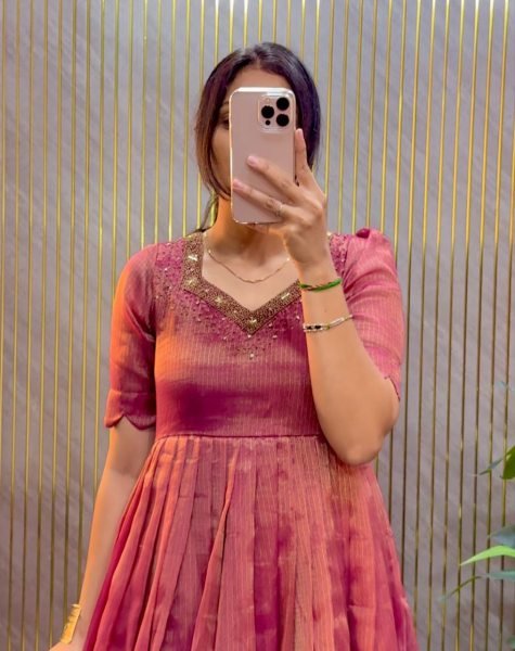 Alluring Pink Boutique Quality Kota Tissue Silk Gown with Heavy Hand Embroidery Anarkali Kurtis 