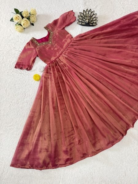 Alluring Pink Boutique Quality Kota Tissue Silk Gown with Heavy Hand Embroidery Anarkali Kurtis 