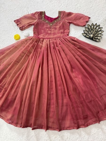 Alluring Pink Boutique Quality Kota Tissue Silk Gown with Heavy Hand Embroidery Anarkali Kurtis 