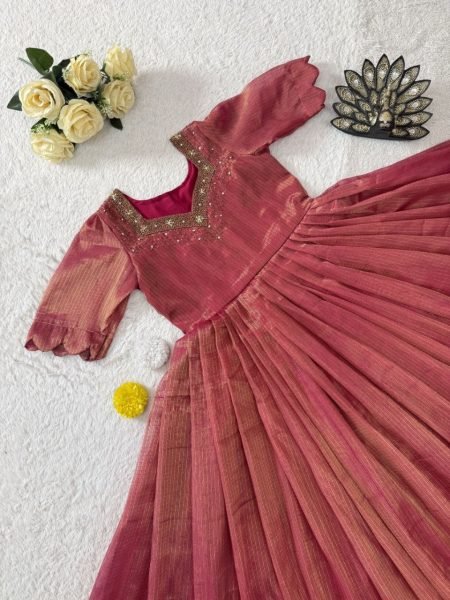 Alluring Pink Boutique Quality Kota Tissue Silk Gown with Heavy Hand Embroidery Anarkali Kurtis 