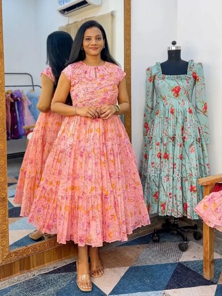 Alluring Pink Chanderi Cotton Floral Maxi Dress with Short Sleeves for Women Kurtis