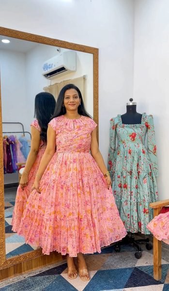 Alluring Pink Chanderi Cotton Floral Maxi Dress with Short Sleeves for Women Western Ladies Top Wholesale