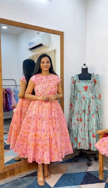 Alluring Pink Chanderi Cotton Floral Maxi Dress with Short Sleeves for Women Western Ladies Top Wholesale