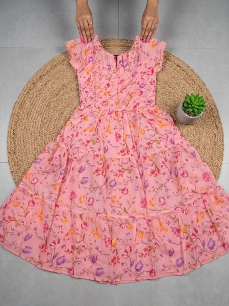 Alluring Pink Chanderi Cotton Floral Maxi Dress with Short Sleeves for Women Western Ladies Top Wholesale