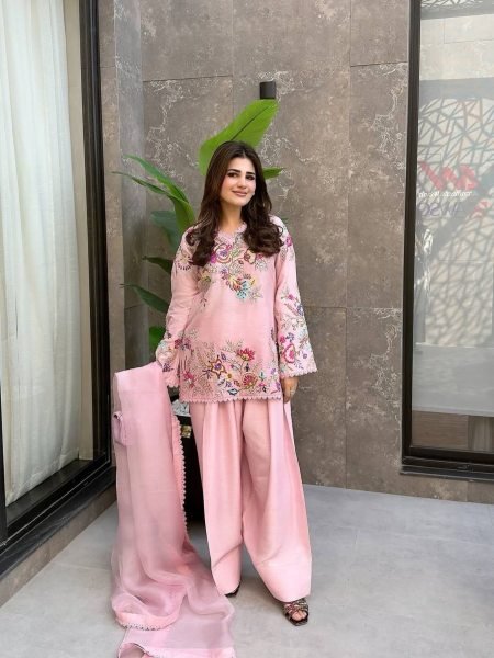 Alluring Pink Crepe Silk Farshi Salwar Suit with Sequins Embroidery Work Kurtis