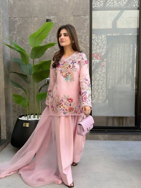 Alluring Pink Crepe Silk Farshi Salwar Suit with Sequins Embroidery Work CO ORD Sets