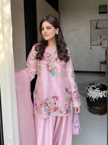 Alluring Pink Crepe Silk Farshi Salwar Suit with Sequins Embroidery Work CO ORD Sets