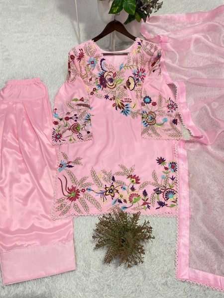 Alluring Pink Crepe Silk Farshi Salwar Suit with Sequins Embroidery Work CO ORD Sets