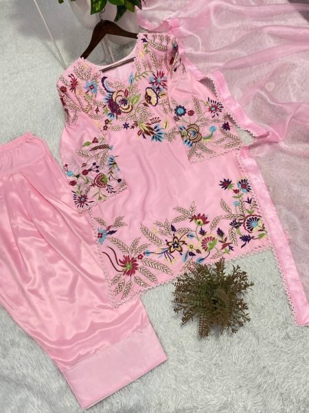 Alluring Pink Crepe Silk Farshi Salwar Suit with Sequins Embroidery Work CO ORD Sets