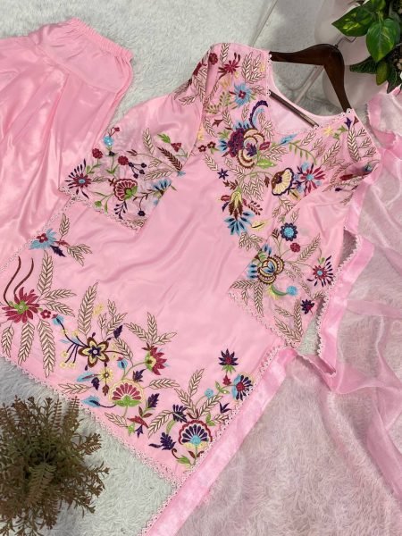 Alluring Pink Crepe Silk Farshi Salwar Suit with Sequins Embroidery Work CO ORD Sets