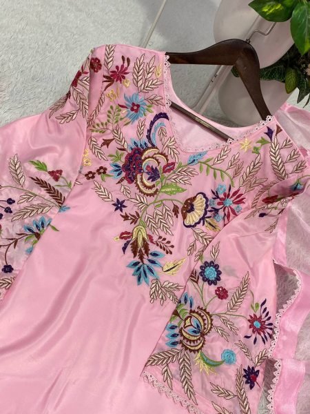 Alluring Pink Crepe Silk Farshi Salwar Suit with Sequins Embroidery Work CO ORD Sets