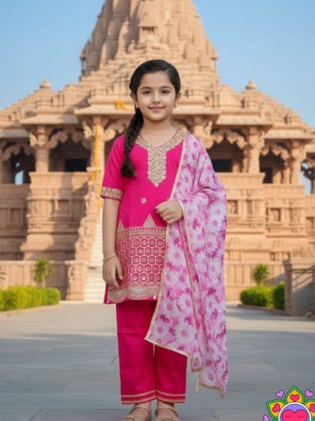 Alluring Pink Kids Silk Crepe Kurta Pant Set with Dupatta for Festive Wear Kurtis
