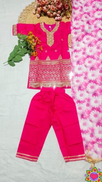 Alluring Pink Kids Silk Crepe Kurta Pant Set with Dupatta for Festive Wear Girls Wear