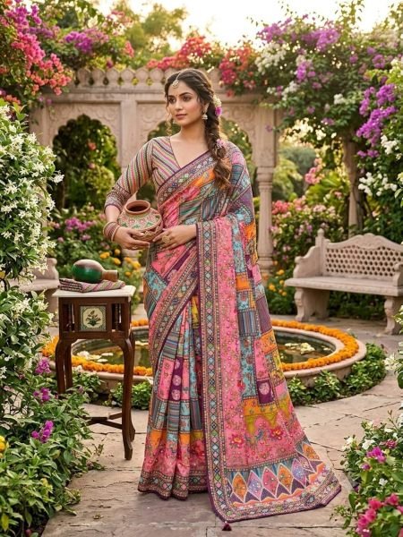 Alluring Pink Navratri Special Soft Chinon Saree with Mirror Work at Wholesale Rate 