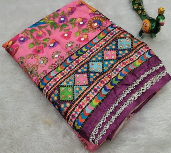Alluring Pink Navratri Special Soft Chinon Saree with Mirror Work at Wholesale Rate Printed Cotton Sarees Wholesale