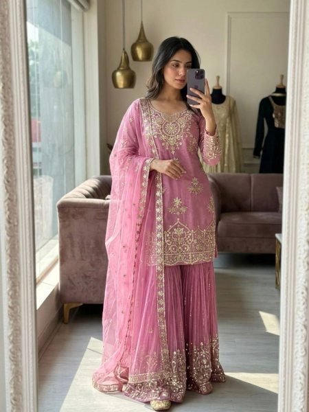 Alluring Pink Organza Twine Net Top Sarara Set with Embroidery Sequins Work For Wedding Ready To Wear Suit