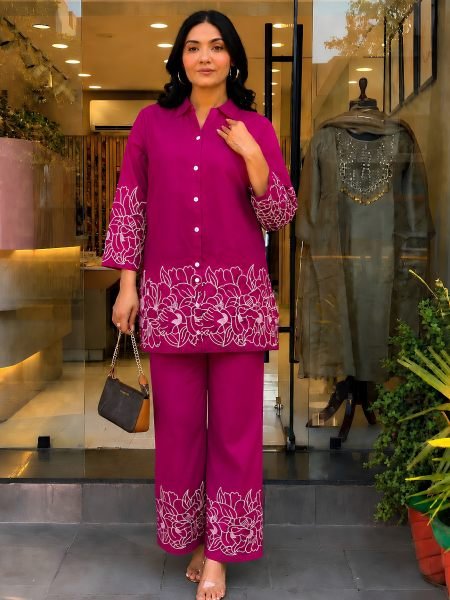 Alluring Pink Ready-to-Wear Rayon Co-Ord Set with Designer Embroidery Work for Daily Wear Kurtis