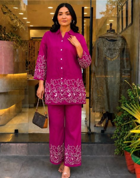 Alluring Pink Ready-to-Wear Rayon Co-Ord Set with Designer Embroidery Work for Daily Wear CO ORD Sets