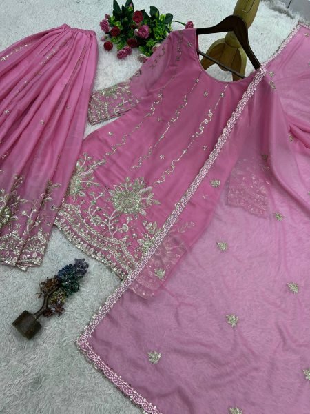 Alluring Pink Star Georgette Silk Kurti Palazzo Set with Dupatta Using Embroidered Work  Ready To Wear Collection