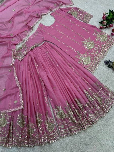 Alluring Pink Star Georgette Silk Kurti Palazzo Set with Dupatta Using Embroidered Work  Ready To Wear Collection