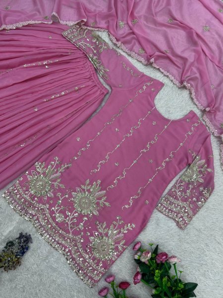 Alluring Pink Star Georgette Silk Kurti Palazzo Set with Dupatta Using Embroidered Work  Ready To Wear Collection