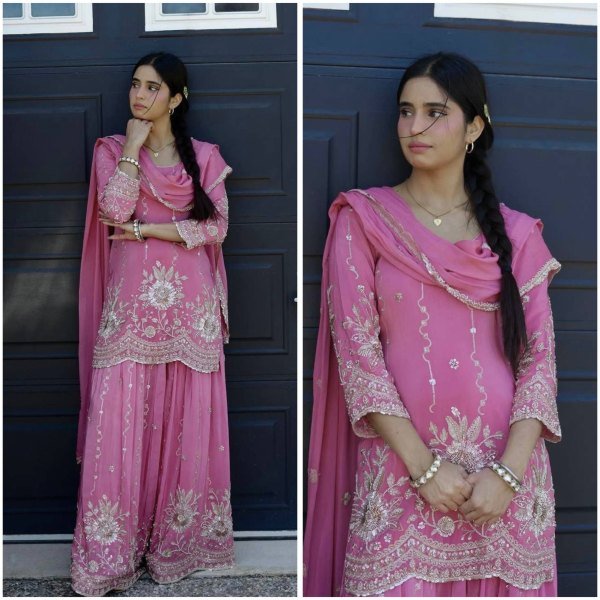 Alluring Pink Star Georgette Silk Kurti Palazzo Set with Dupatta Using Embroidered Work  Ready To Wear Collection