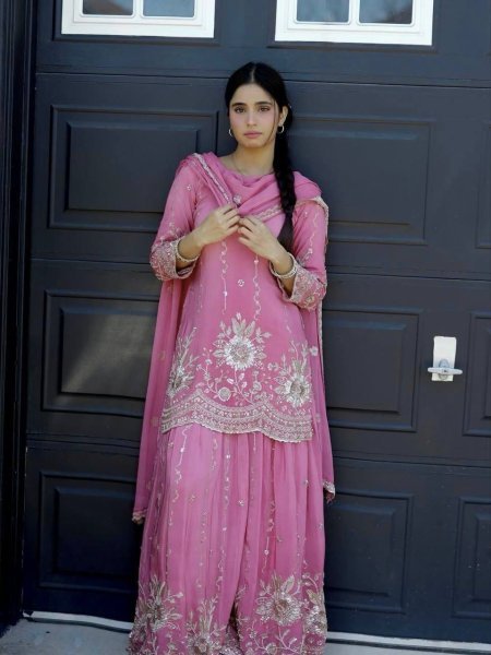 Alluring Pink Star Georgette Silk Kurti Palazzo Set with Dupatta Using Embroidered Work  Ready To Wear Collection