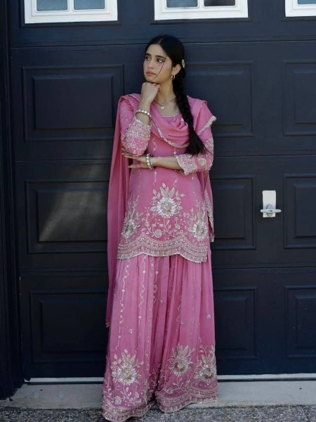 Alluring Pink Star Georgette Silk Kurti Palazzo Set with Dupatta Using Embroidered Work  Ready To Wear Collection