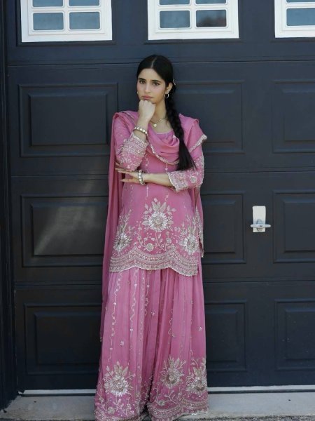 Alluring Pink Star Georgette Silk Kurti Palazzo Set with Dupatta Using Embroidered Work  Ready To Wear Collection