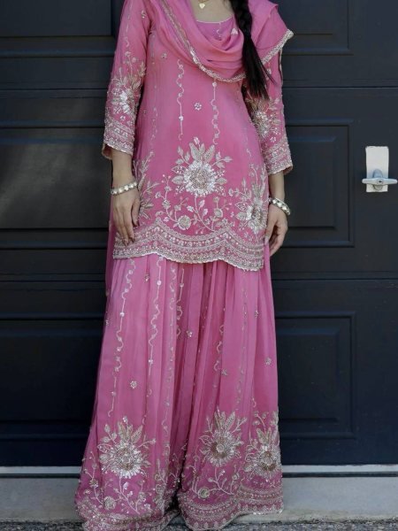 Alluring Pink Star Georgette Silk Kurti Palazzo Set with Dupatta Using Embroidered Work  Ready To Wear Collection
