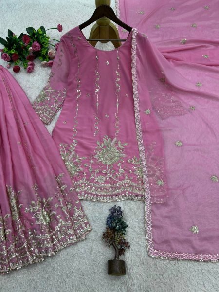 Alluring Pink Star Georgette Silk Kurti Palazzo Set with Dupatta Using Embroidered Work  Ready To Wear Collection