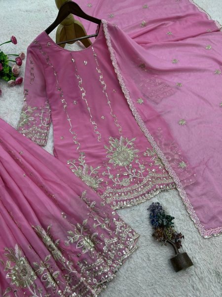 Alluring Pink Star Georgette Silk Kurti Palazzo Set with Dupatta Using Embroidered Work  Ready To Wear Collection