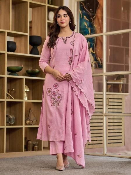 Alluring Pink Viscose Mal Butti Embroidered Suit with Chanderi Dupatta at Festival Kurtis
