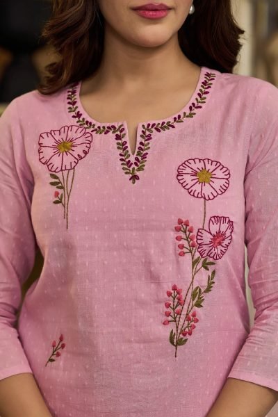 Alluring Pink Viscose Mal Butti Embroidered Suit with Chanderi Dupatta at Festival Embroidery Kurtis 
