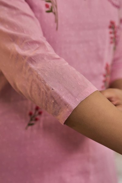 Alluring Pink Viscose Mal Butti Embroidered Suit with Chanderi Dupatta at Festival Embroidery Kurtis 