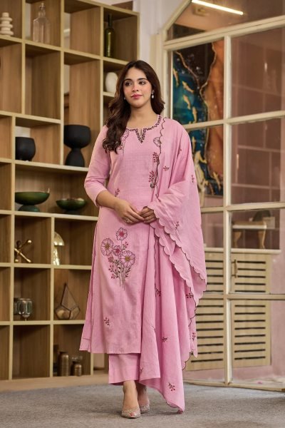 Alluring Pink Viscose Mal Butti Embroidered Suit with Chanderi Dupatta at Festival Embroidery Kurtis 