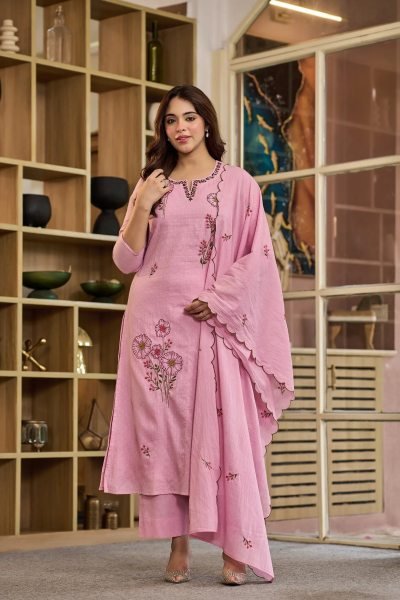 Alluring Pink Viscose Mal Butti Embroidered Suit with Chanderi Dupatta at Festival Embroidery Kurtis 
