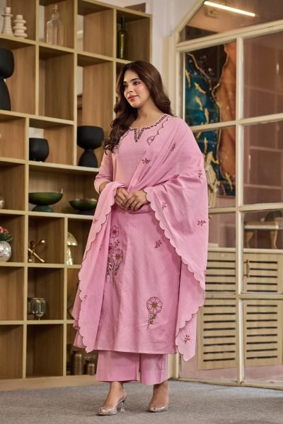 Alluring Pink Viscose Mal Butti Embroidered Suit with Chanderi Dupatta at Festival Embroidery Kurtis 