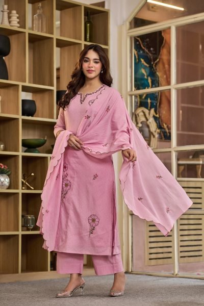 Alluring Pink Viscose Mal Butti Embroidered Suit with Chanderi Dupatta at Festival Embroidery Kurtis 