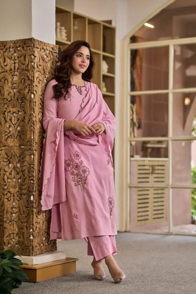 Alluring Pink Viscose Mal Butti Embroidered Suit with Chanderi Dupatta at Festival Embroidery Kurtis 