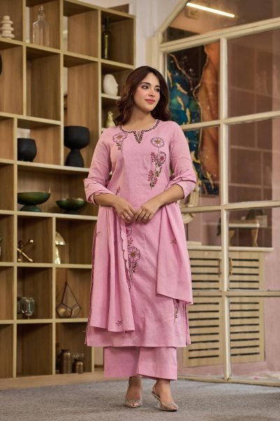 Alluring Pink Viscose Mal Butti Embroidered Suit with Chanderi Dupatta at Festival Embroidery Kurtis 