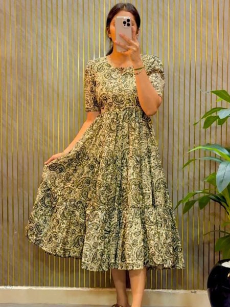 Alluring Pista Boutique Style Kalamkari Printed Midi Dress with Functional Mobile Pocket Kurtis