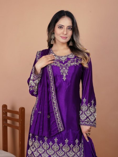 Alluring Purple Chinon Sharara Suit with Coding Sequins and Moti Work  