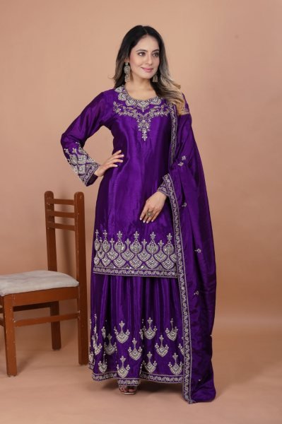 Alluring Purple Chinon Sharara Suit with Coding Sequins and Moti Work  Ready To Wear Collection