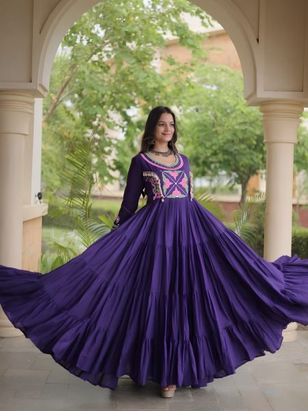 Alluring Purple Designer Kora Cotton Gown with Real Kodi Work and Mirror Embroidery Kurtis